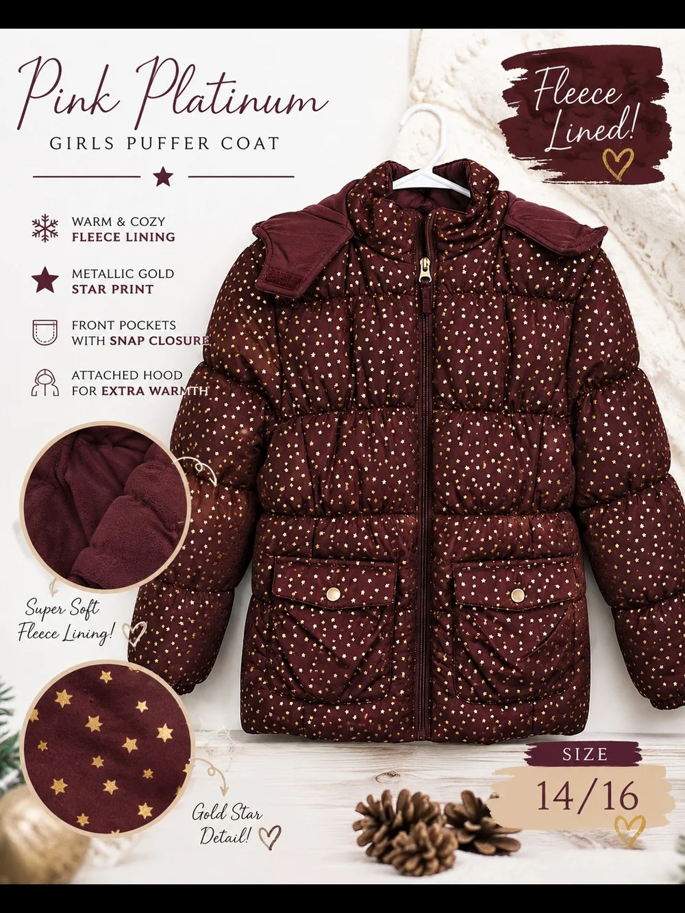 Pink Platinum Girls Maroon Puffer Jacket with Gold Star Print Size 14/16